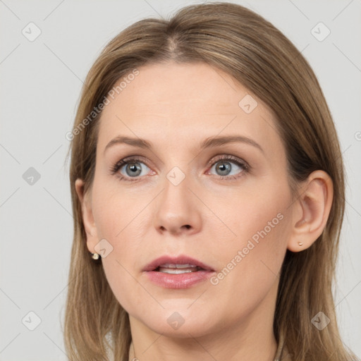 Neutral white young-adult female with long  brown hair and grey eyes