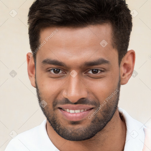 Joyful white young-adult male with short  brown hair and brown eyes