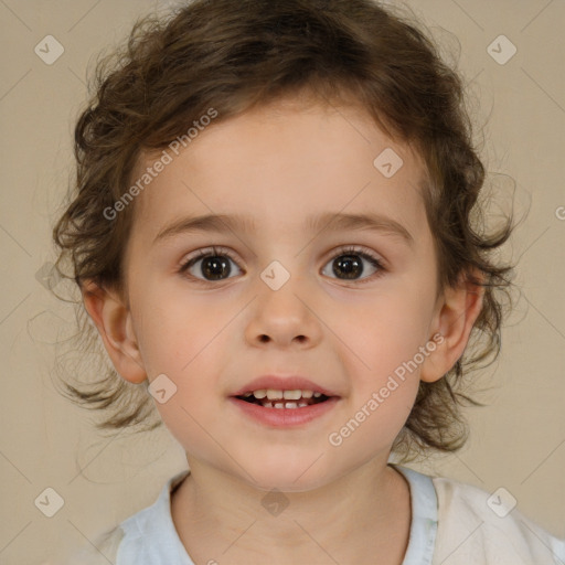 Joyful white child female with medium  brown hair and brown eyes