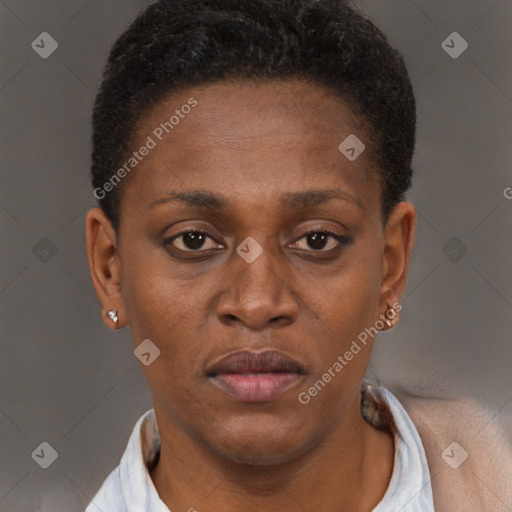 Neutral black young-adult female with short  brown hair and brown eyes