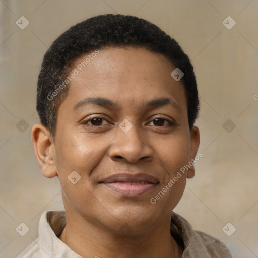 Joyful latino young-adult male with short  brown hair and brown eyes