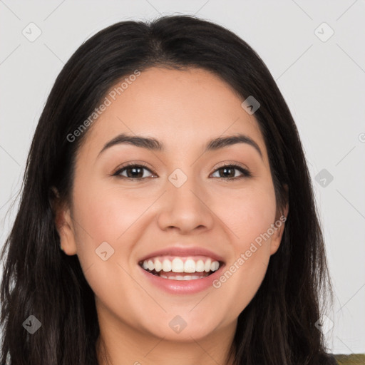 Joyful white young-adult female with long  black hair and brown eyes