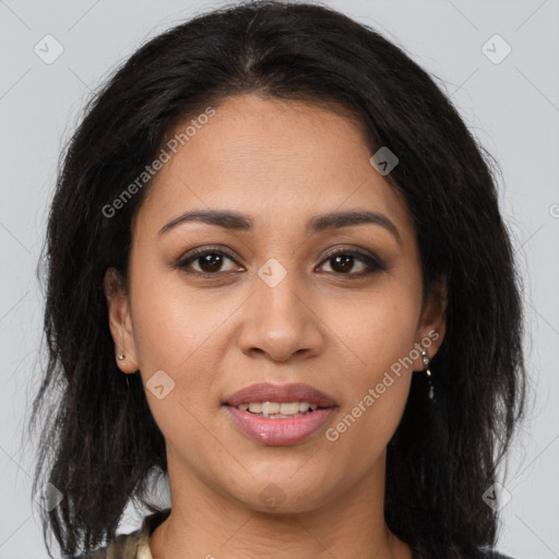 Joyful latino young-adult female with long  brown hair and brown eyes