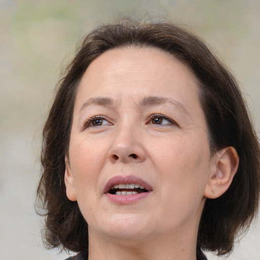 Joyful white adult female with medium  brown hair and brown eyes