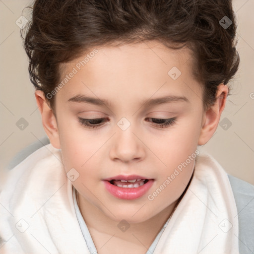 Joyful white child female with short  brown hair and brown eyes