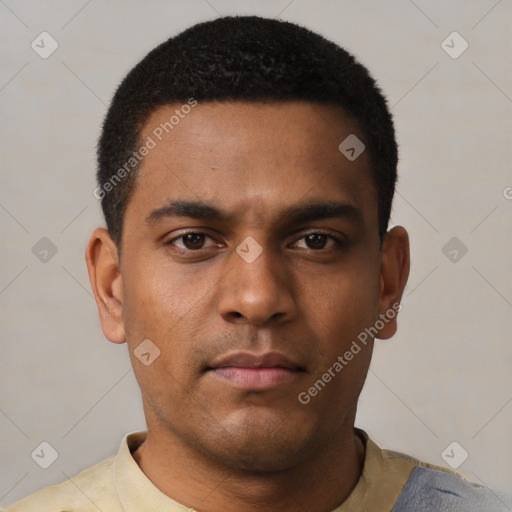 Neutral latino young-adult male with short  black hair and brown eyes