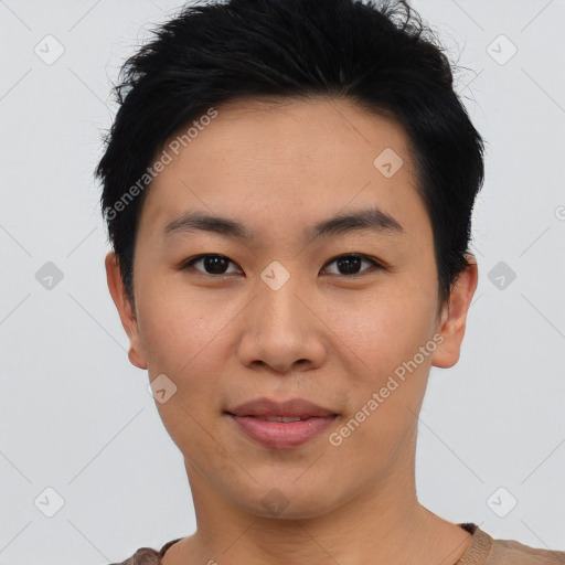 Joyful asian young-adult female with short  black hair and brown eyes