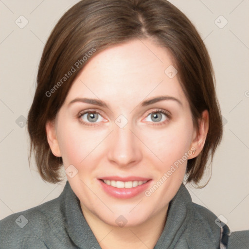 Joyful white young-adult female with medium  brown hair and blue eyes