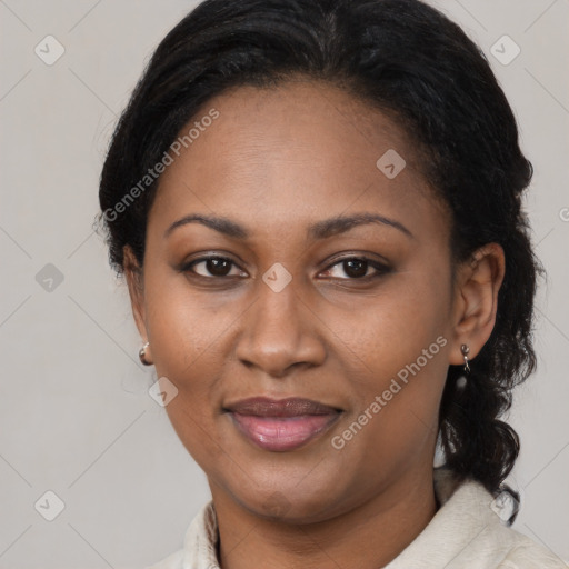 Joyful latino adult female with medium  brown hair and brown eyes