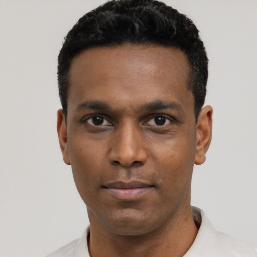 Neutral black young-adult male with short  black hair and brown eyes