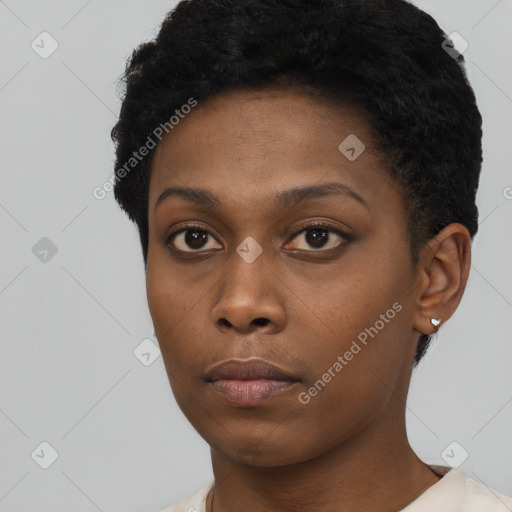 Neutral black young-adult female with short  black hair and brown eyes