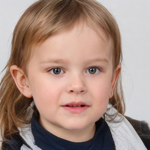 Neutral white child female with medium  brown hair and blue eyes