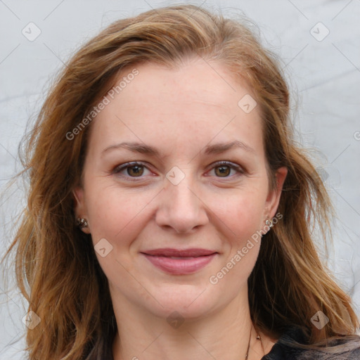 Joyful white young-adult female with medium  brown hair and blue eyes