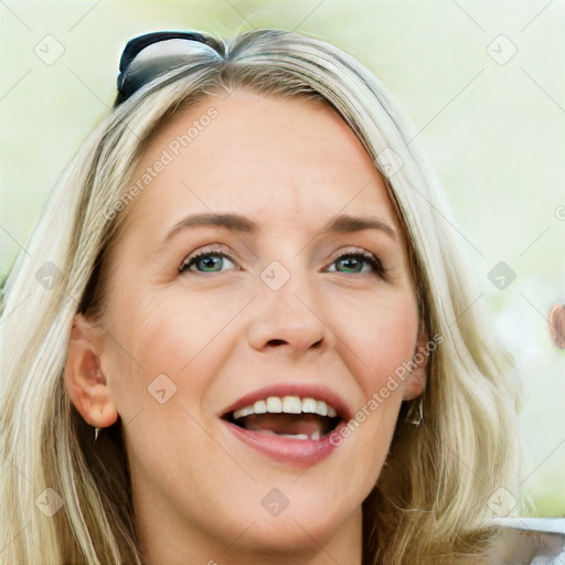 Joyful white young-adult female with long  brown hair and blue eyes