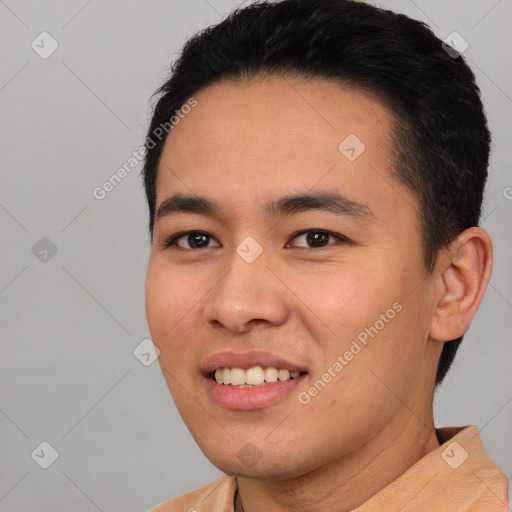 Joyful asian young-adult male with short  black hair and brown eyes