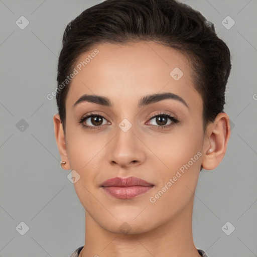 Joyful white young-adult female with short  brown hair and brown eyes