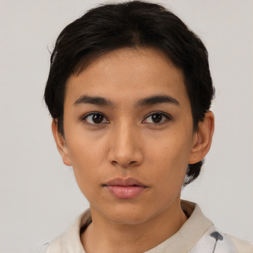 Neutral asian young-adult female with short  brown hair and brown eyes