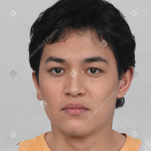 Neutral asian young-adult male with short  black hair and brown eyes