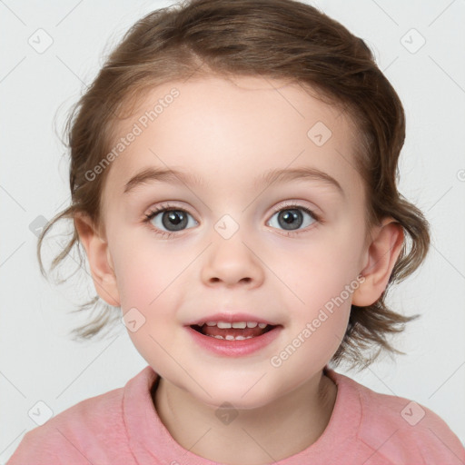 Joyful white child female with medium  brown hair and blue eyes