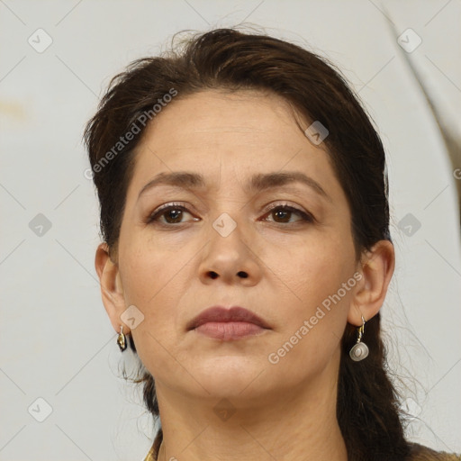 Neutral white adult female with medium  brown hair and brown eyes