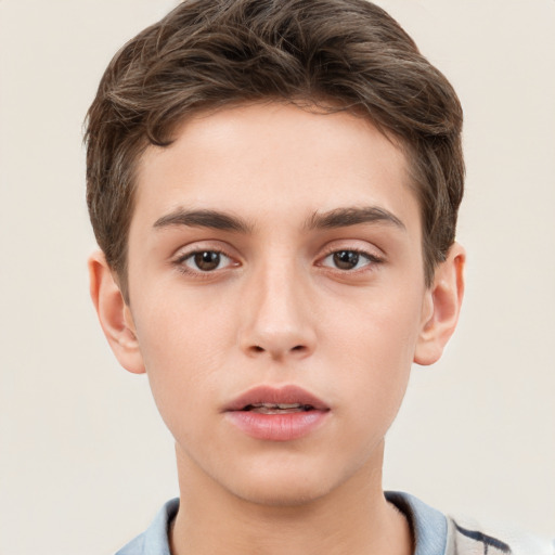 Neutral white young-adult male with short  brown hair and brown eyes