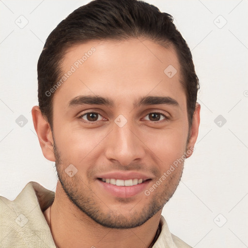 Joyful white young-adult male with short  brown hair and brown eyes