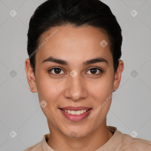 Joyful white young-adult female with short  brown hair and brown eyes