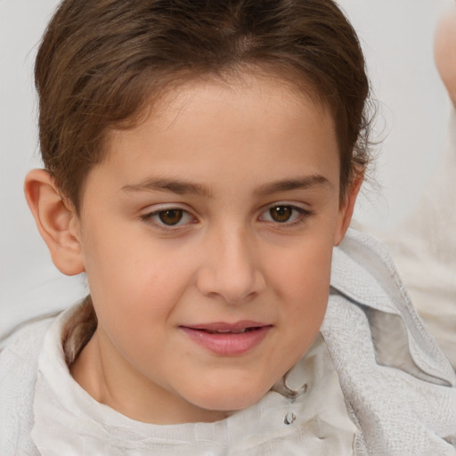 Joyful white child female with medium  brown hair and brown eyes