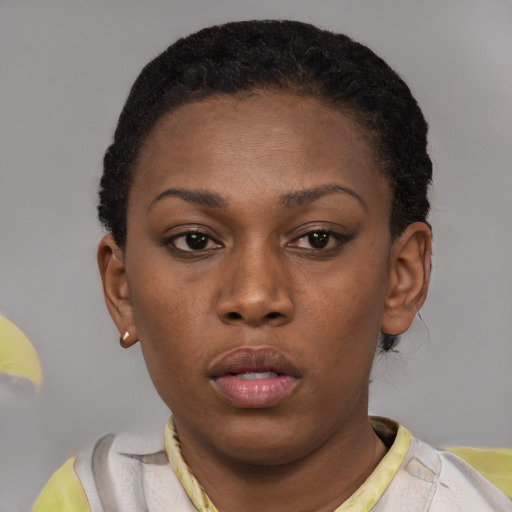 Neutral latino young-adult female with short  brown hair and brown eyes