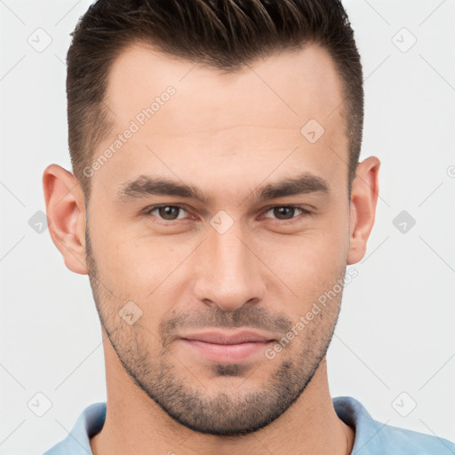 Joyful white young-adult male with short  brown hair and brown eyes