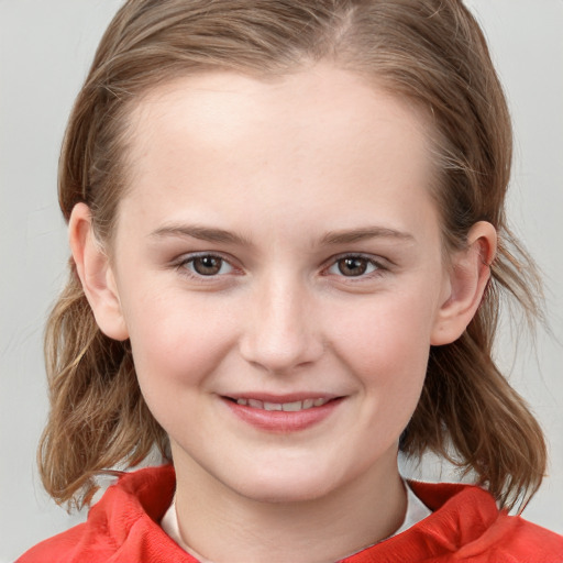 Joyful white child female with medium  brown hair and grey eyes