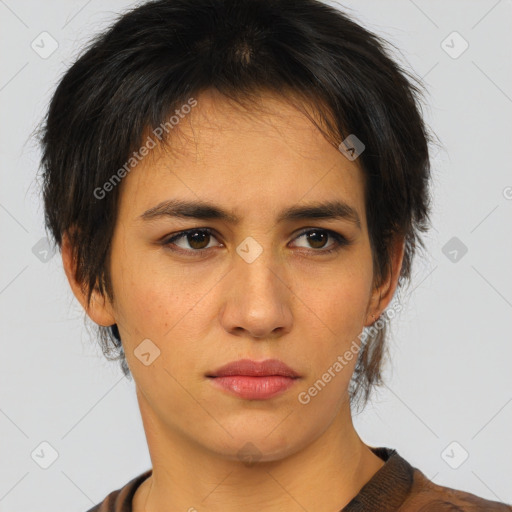 Neutral white young-adult female with short  brown hair and brown eyes