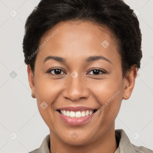 Joyful white young-adult female with short  brown hair and brown eyes