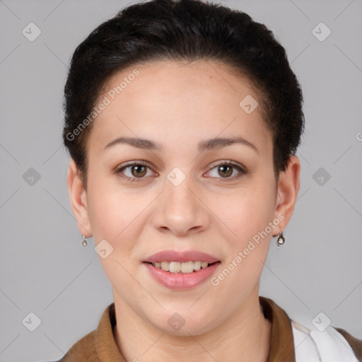 Joyful white young-adult female with short  brown hair and brown eyes