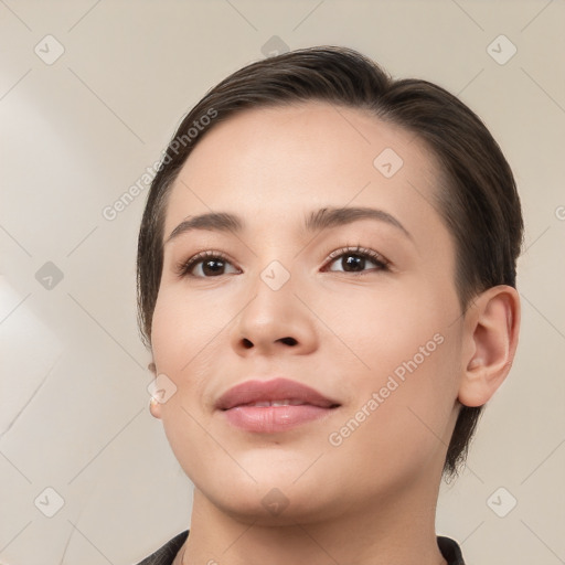 Neutral white young-adult female with medium  brown hair and brown eyes