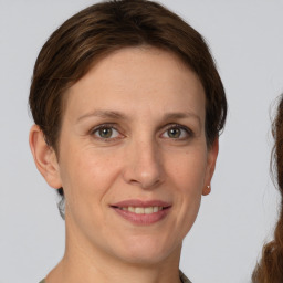 Joyful white adult female with short  brown hair and grey eyes