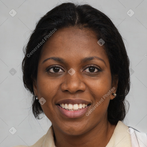 Joyful black young-adult female with medium  brown hair and brown eyes