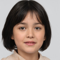 Joyful white child female with medium  brown hair and brown eyes