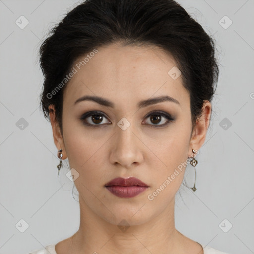 Neutral white young-adult female with medium  brown hair and brown eyes