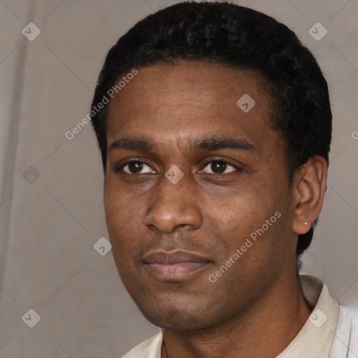 Neutral black young-adult male with short  black hair and brown eyes