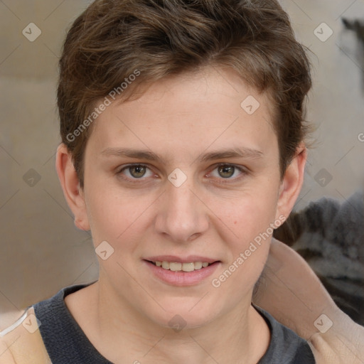 Joyful white young-adult female with short  brown hair and grey eyes