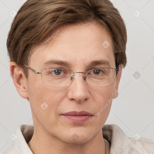 Joyful white adult female with short  brown hair and grey eyes