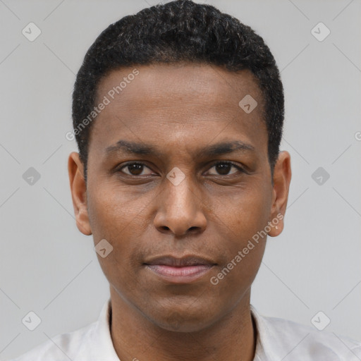 Neutral black young-adult male with short  black hair and brown eyes