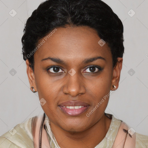 Joyful latino young-adult female with short  black hair and brown eyes