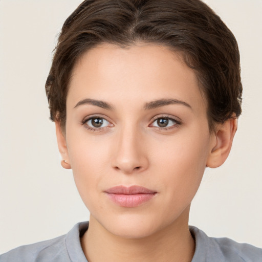 Neutral white young-adult female with short  brown hair and brown eyes