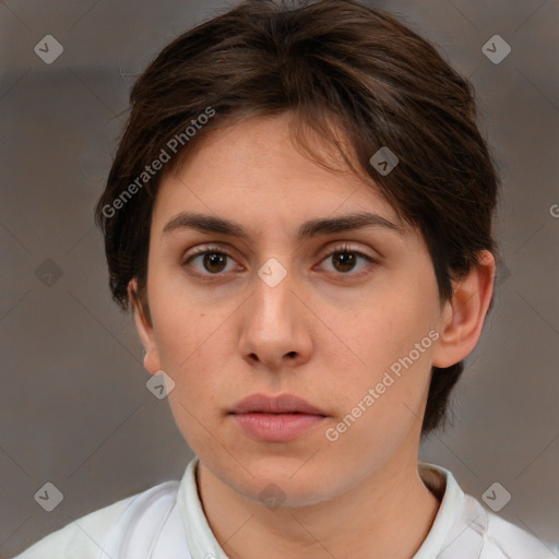 Neutral white young-adult female with medium  brown hair and brown eyes