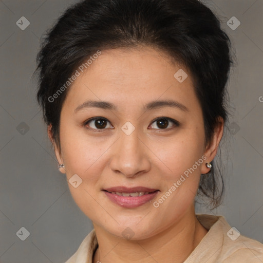 Joyful asian young-adult female with medium  brown hair and brown eyes