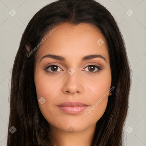 Neutral white young-adult female with long  brown hair and brown eyes