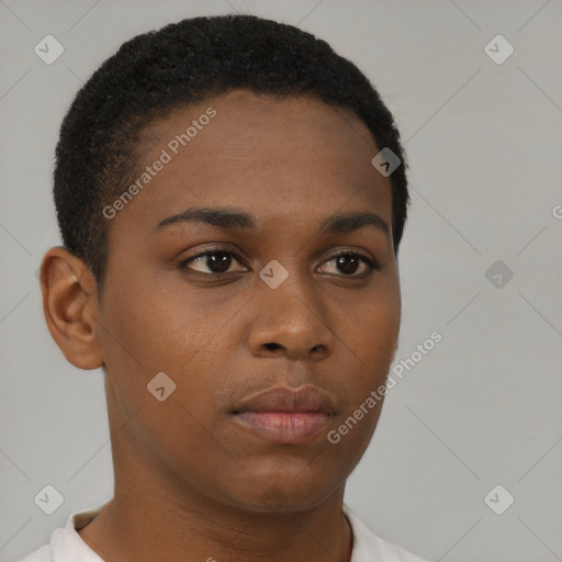 Neutral black young-adult female with short  brown hair and brown eyes