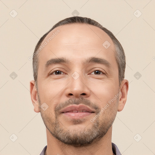 Neutral white young-adult male with short  brown hair and brown eyes